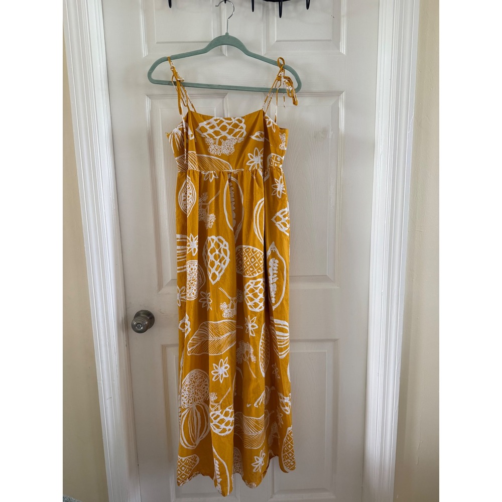Petal and Pup Mustard Yellow Tropical Fruit Print Tie Strap Maxi Dress Size M